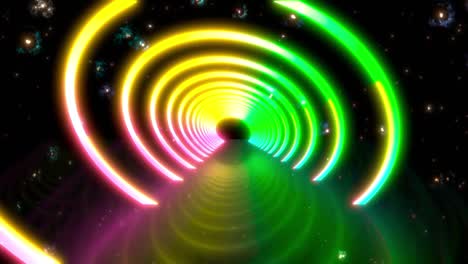 abstract flying in futuristic disco star corridor. seamless loop 4k background, fluorescent ultraviolet light, blue pink green spectrum, 3d render