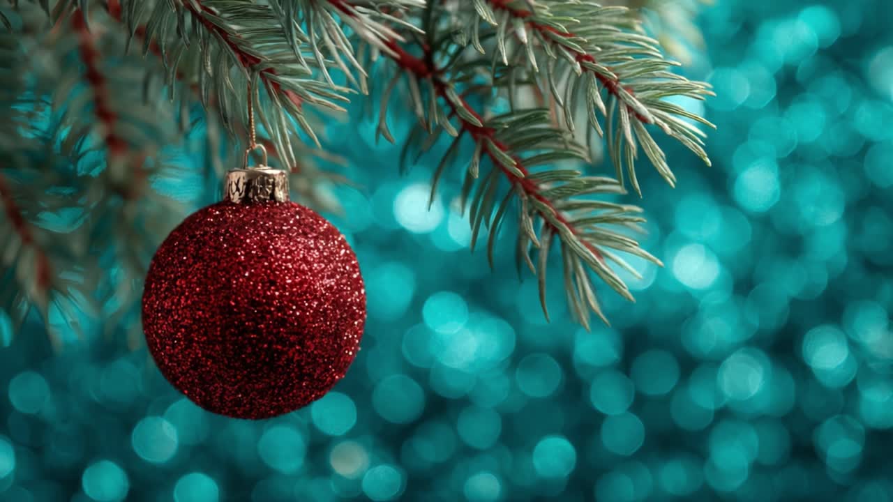 Un bellissimo primo piano di una decorazione natalizia rossa scintillante appesa a un albero di pino, su uno sfondo di luci bokeh verde acqua luccicanti per evocare lo spirito delle feste