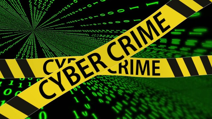 Waving yellow warning tape with Cyber Crime Text in front of Binary code wall with Programming code matrix