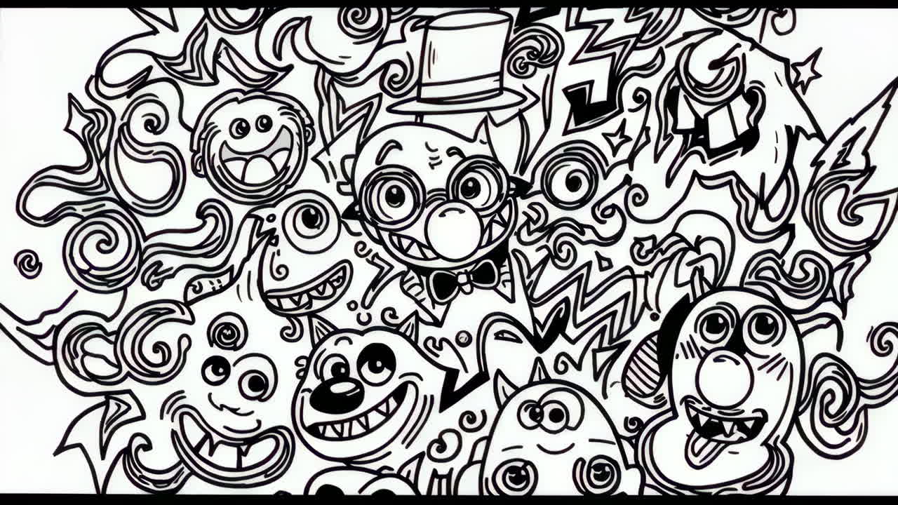 Black and White Whimsical Doodle Art with Quirky Cartoon Characters