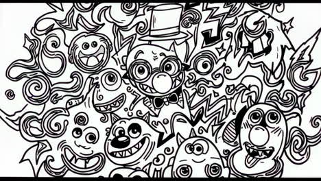 black and white whimsical doodle art with quirky cartoon characters