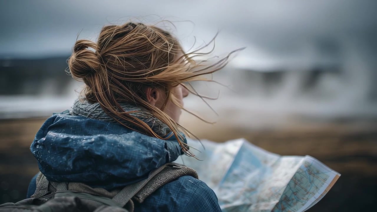 Cinematic rear view of a young woman traveler with backpack reading a paper map as strong wind blows her hair, outdoors in cold, cloudy mountain scenery