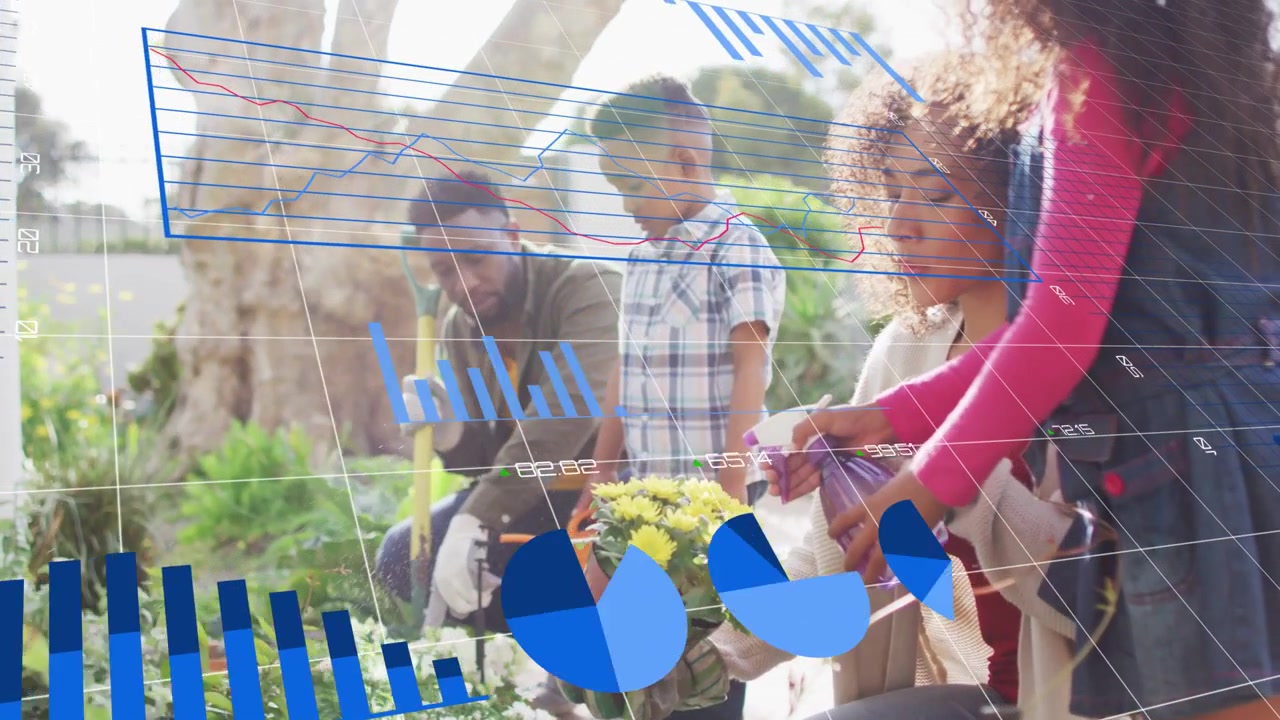 Mulher colocando planta amarela, família cultivando o solo e regando para fins educativos, com gráficos de dados azuis em movimento.