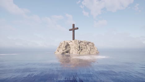 a large wooden cross standing upon a large cliff in the middle of the sea, with seagulls flying above it, 3d animation with camera dolly forward and up fast