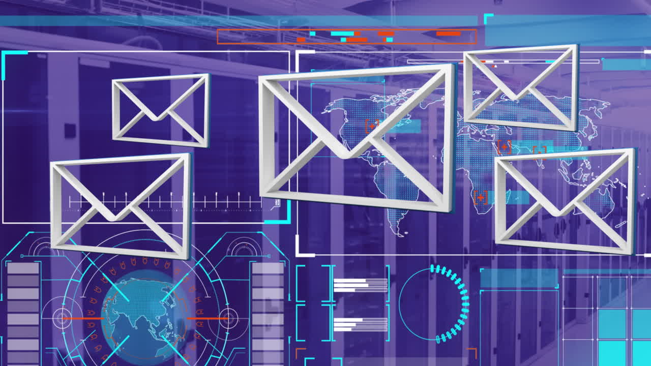 Animation of message icons and interface with data processing against computer server room
