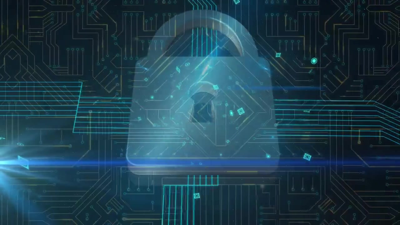 Animation of padlock and data processing over black background