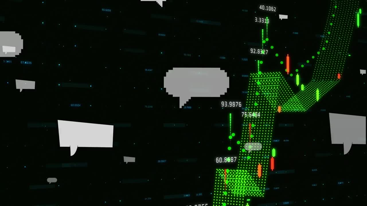 검은색 배경에 대한 금융 데이터 처리에 떠있는 검은색 음성 거품의 애니메이션