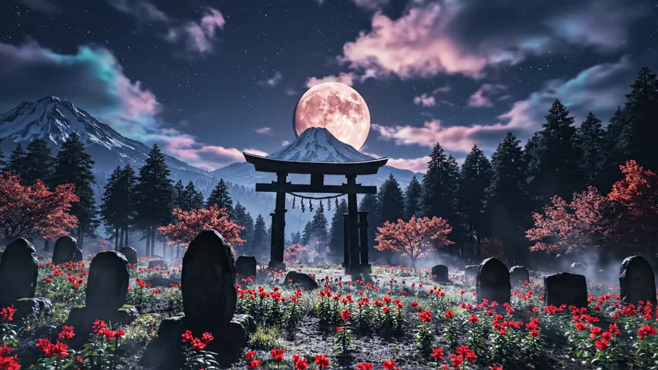 Fuji-vuoren torii-portti täydenkuun alla yöllä