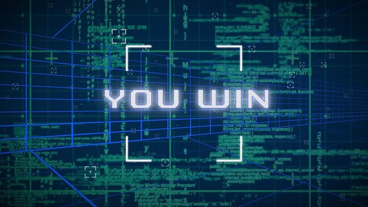 Animation of you win text over marker, data processing and networks of connections