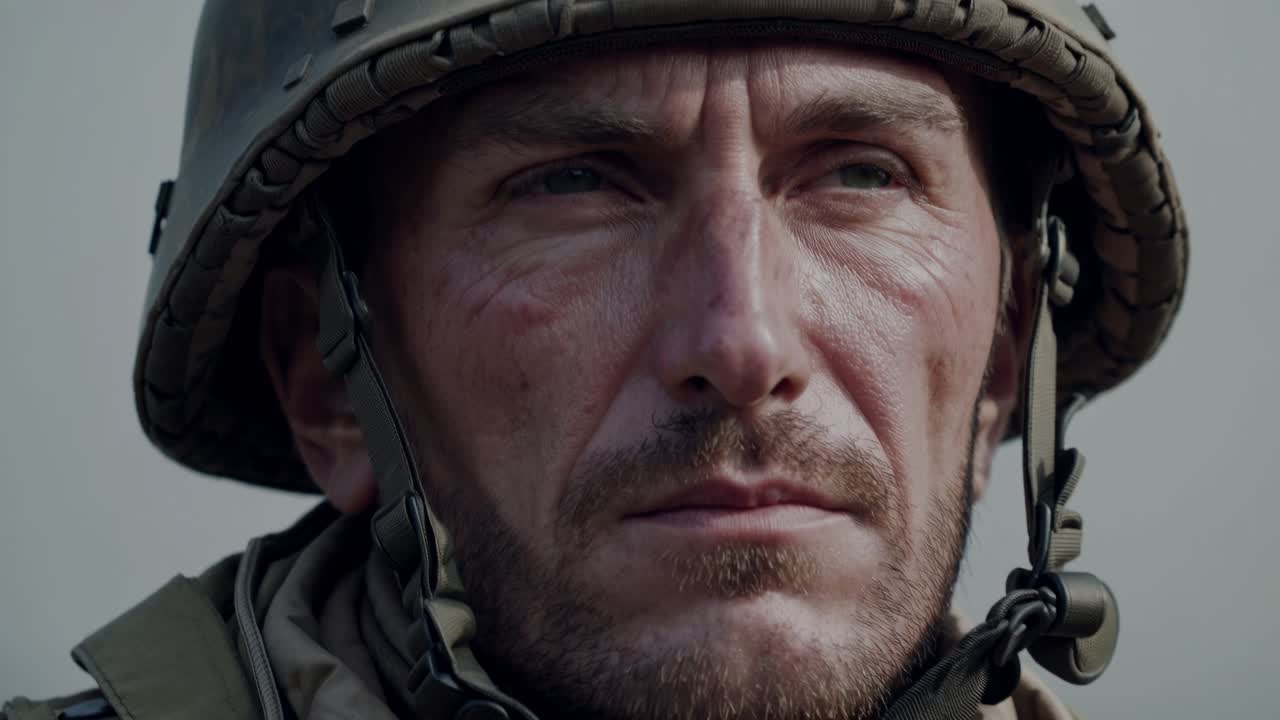 Depressed soldier sitting among the ruins of a destroyed city, wearing a military uniform and helmet, mourning the profound loss and expressing deep sadness and grief in the aftermath of war
