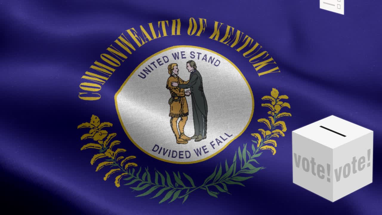 Bundesstaat Kentucky – Stimmzettel fliegen in die Wahlurne für die Kentucky-Wahl – Wahlurne vor Flagge – Wahl – Abstimmung – Nationalflagge des Bundesstaates Kentucky Wellenmuster loopbare Elemente – Stofftextur und Endlosschleife – Loopbare Flagge des Bundesstaates Kentucky