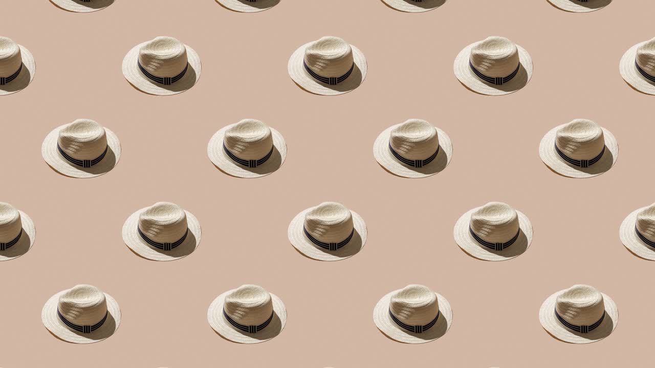모래 색의 배경에   모자 모자를 가진 패턴의 원활한 루프 애니메이션 - 태양의 단단한 그림자 - 여행과 휴가의 최소한의 개념
