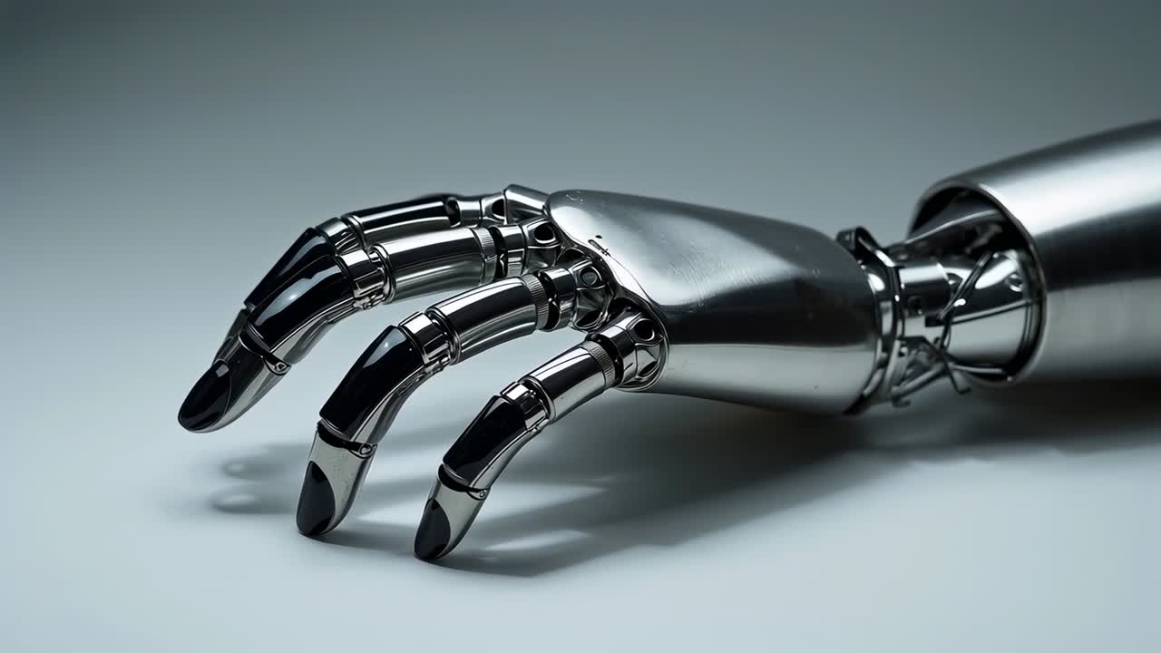 Motor starting chrome robotic hand and forearm rotating wrist and extending fingers on studio table