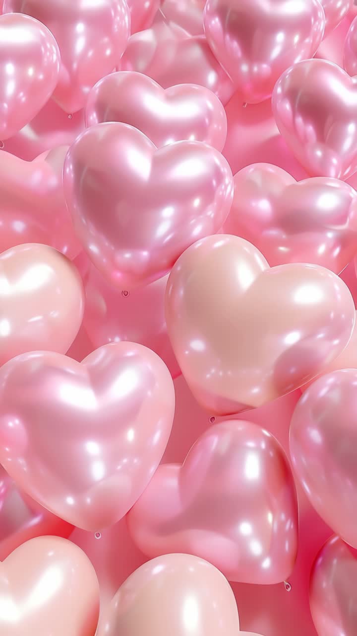 Aerial view of glossy pink heart balloons clustered together, creating a dreamy, romantic