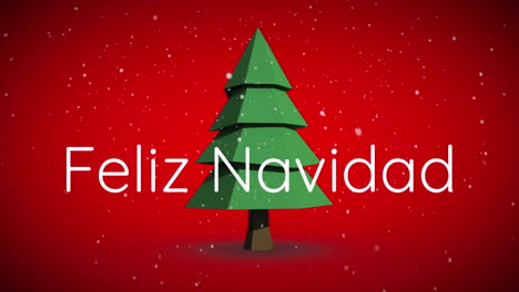 animación de feliz navidad texto sobre árbol de navidad y nieve cayendo sobre fondo rojo