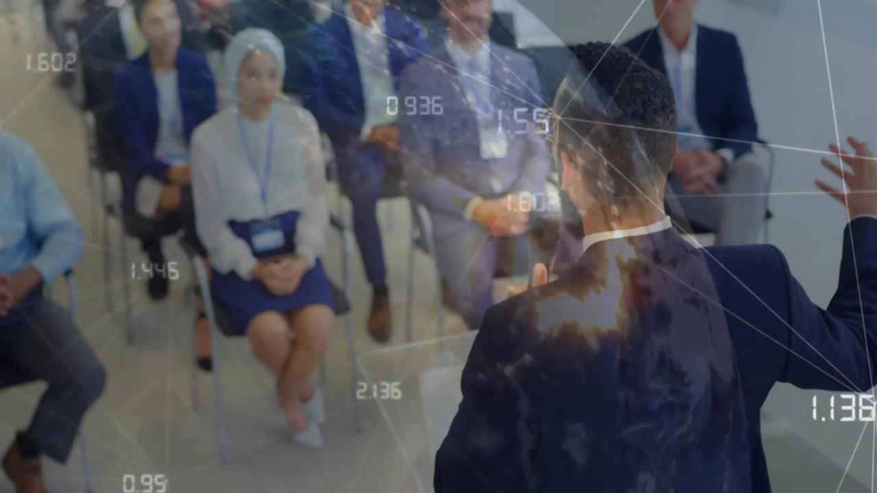 Male presenter adjusting mic and presenting business insights with globe numeric overlays animating