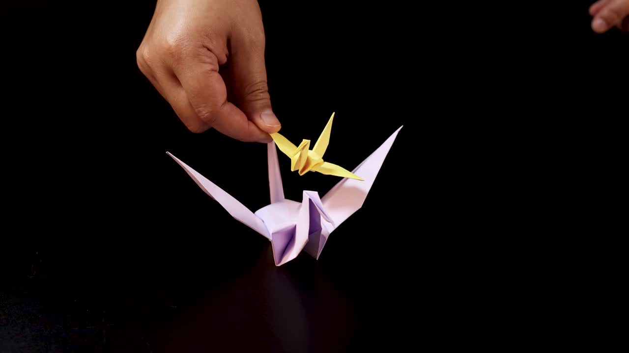 Hand carefully places yellow origami crane atop purple paper bird, black background, studio lighting