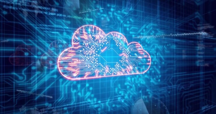 Blue light bursting and traveling through grid, drifting crypto icons representing cloud storage