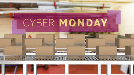 animación del texto de cyber monday sobre cajas de cartón en cintas transportadoras en el almacén