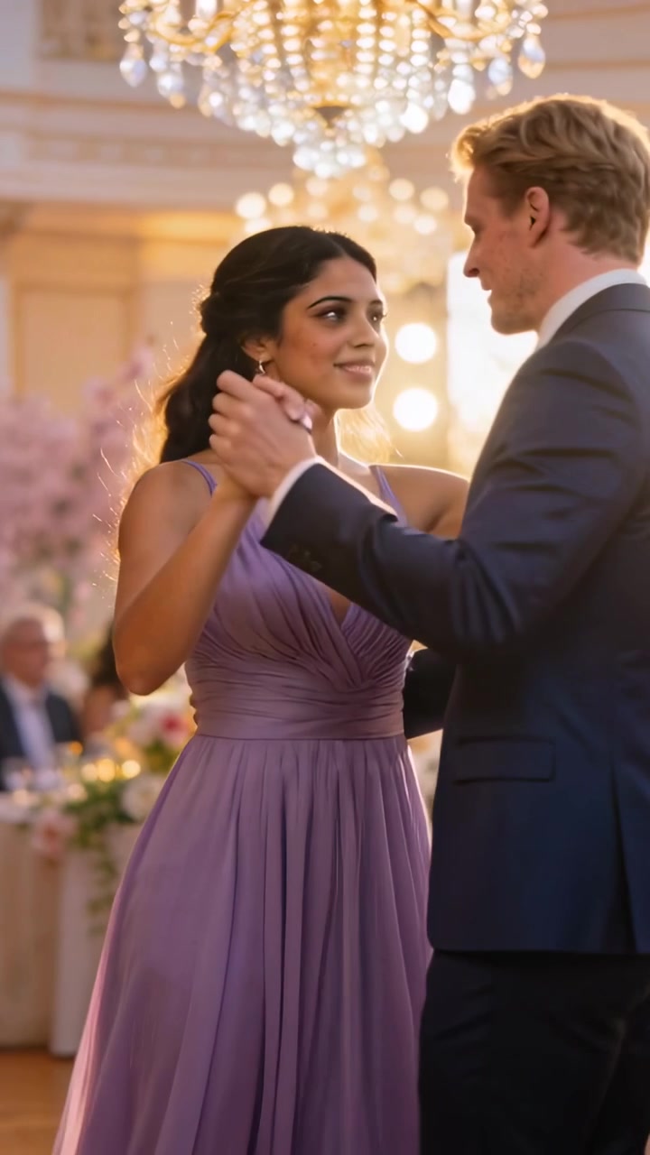 Video verticale: La telecamera si allontana mostrando una donna in abito color lavanda che balla con un uomo in abito a un ballo tra i fiori