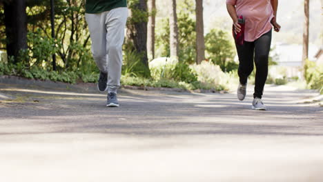 diverse senior couple running and holding water bottle in sunny outdoors
