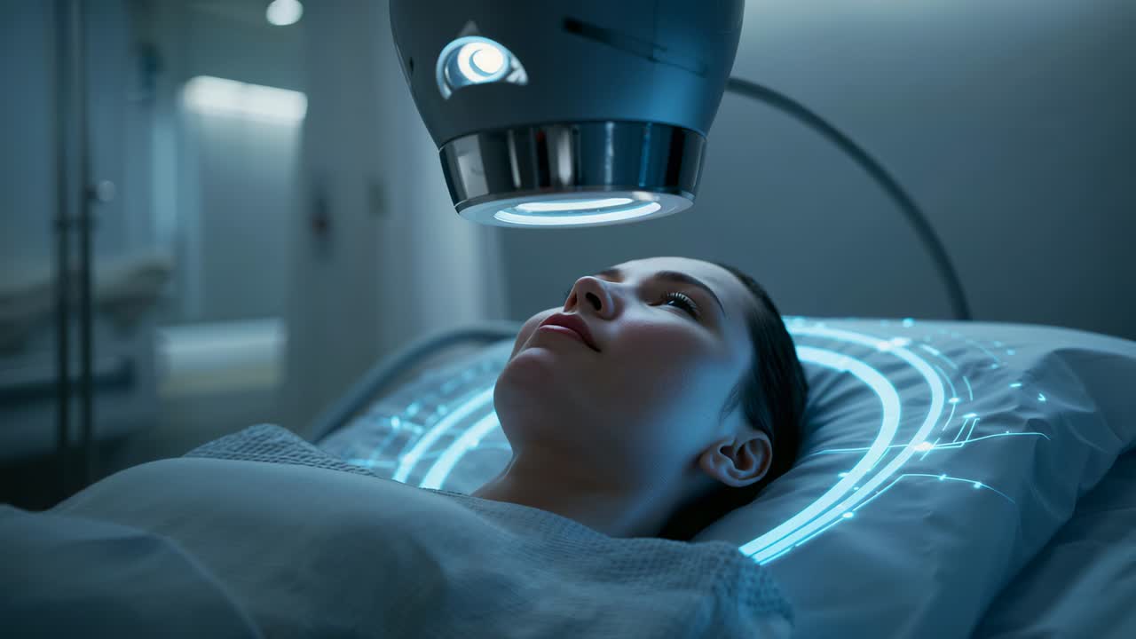 Mujer adulta tumbada en una camilla de una clínica recibiendo terapia de luz azul, con la unidad del techo activándose y proyectando un anillo