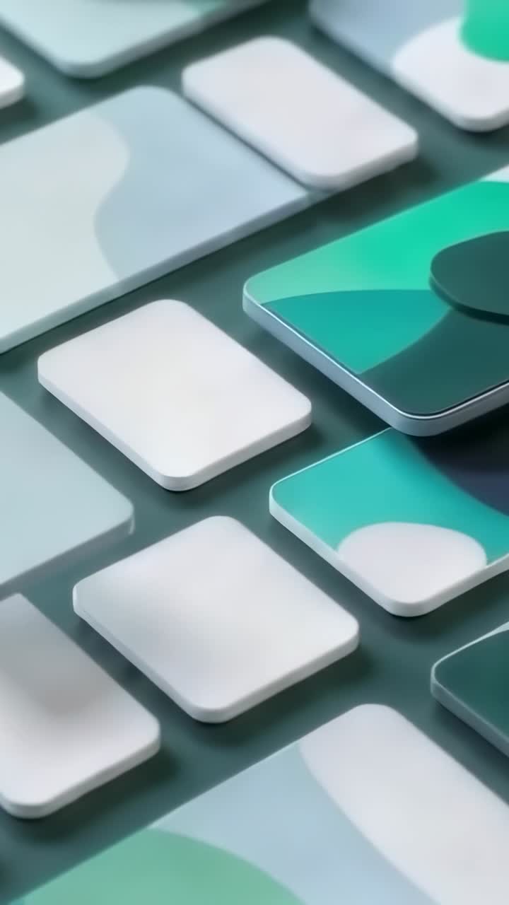 Vertical video: Transitioning grid tile to teal, springing green droplet and filling view