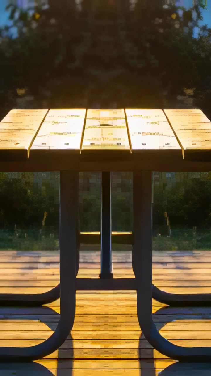Vertical video: Sun lowering bathing picnic table on deck, metal legs casting long shadows, bugs