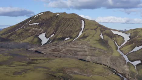 Orbit-drone-view-from-of-Landmannalaugar-green-mountain-in-summer-close-to-Blahylur-Lake-before-Frostastaðavatn-lake