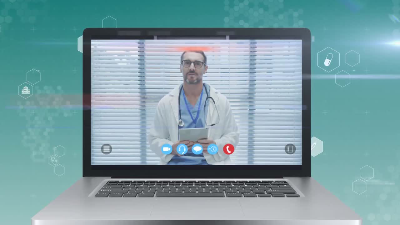 Animação da tela de um laptop mostrando um médico durante uma videochamada