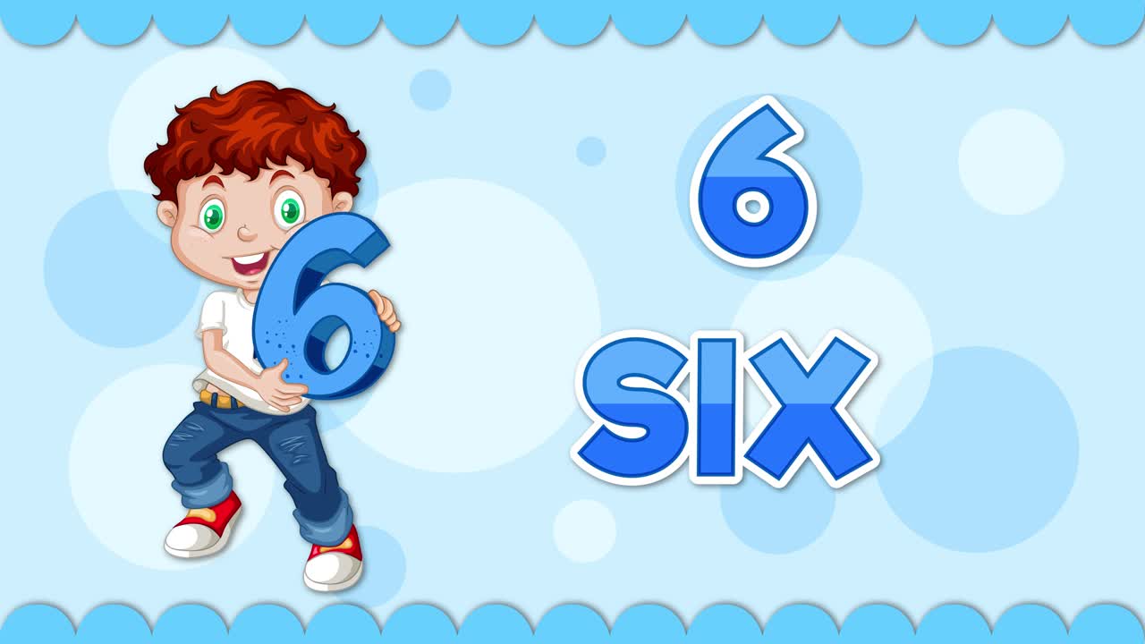 "Animated child interacts with the number six."