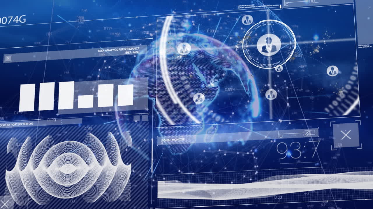 회전하는 지구 위의 빛의 흔적에 대한 데이터 처리 인터페이스의 애니메이션