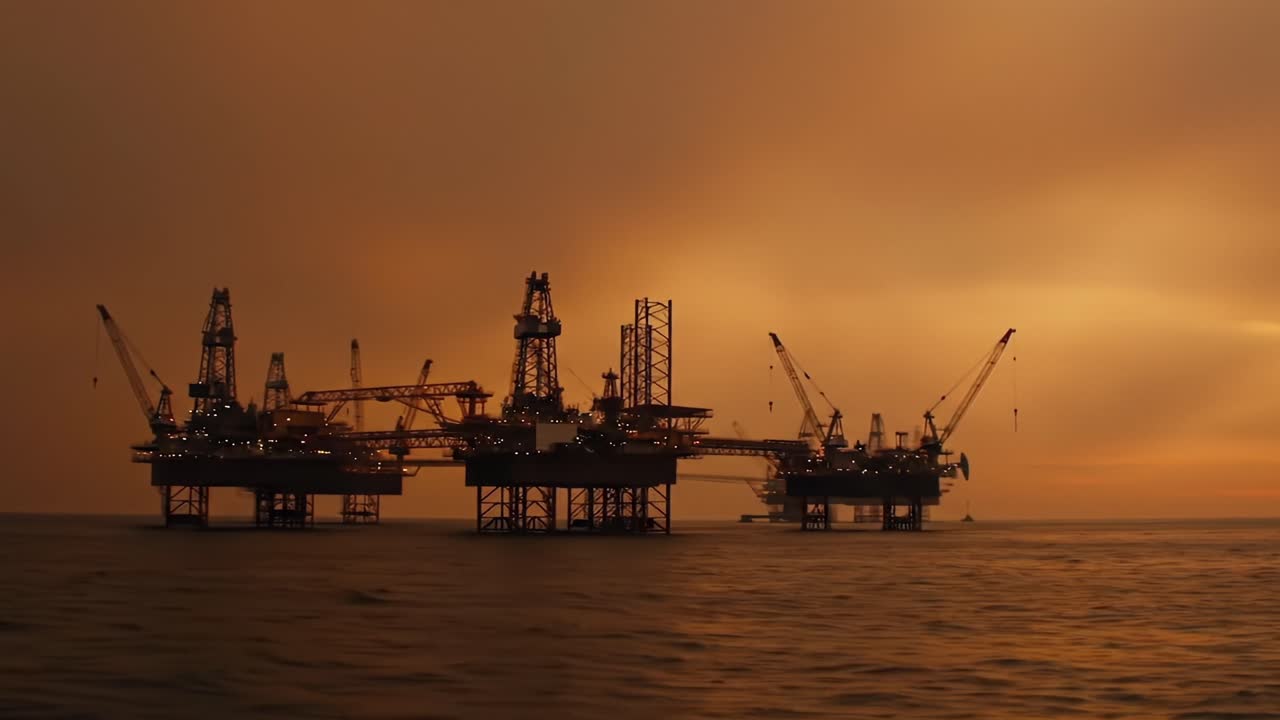 Dramatic Sunset Over Offshore Oil Rigs: A Stunning View of Industrial Power and Innovation Reflecting on the Water's Surface
