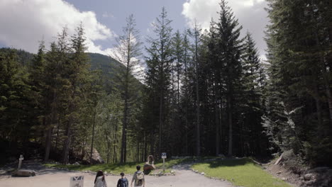 wide shot of hikers walking on the trail in canadian wilderness