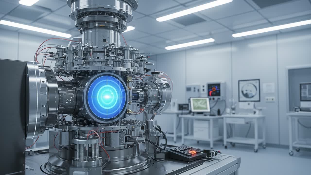 Advanced Quantum Computing Reactor with High-Energy Display Technology in Modern Research Laboratory Setting, Showcasing Precision Instruments and Electrical Components