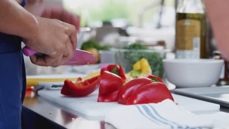 primer plano de una mujer cortando pimientos para el plato en la clase de cocina de la cocina