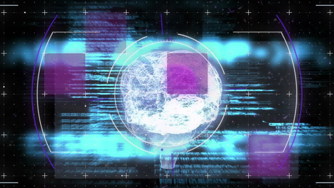 Animation of scope scanning and data processing over human brain spinning on black background