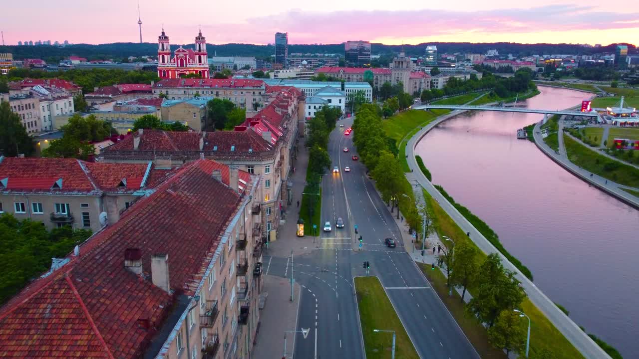 Baroque Architecture Along Neris River In Vilnius Downtown, Lithuania. Aerial Drone Shot