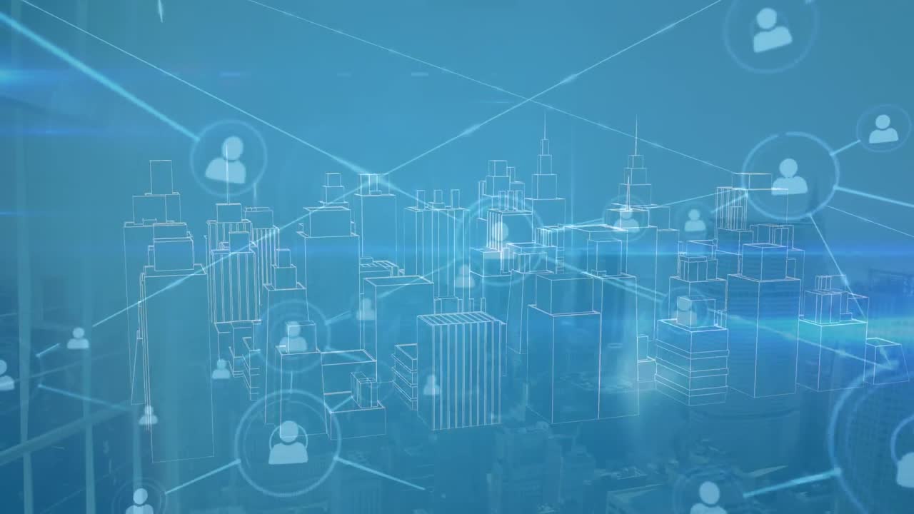 レンズフレイヤーのアニメーション,接続されたアイコン,青い背景の上で回転する現代都市の3dモデル