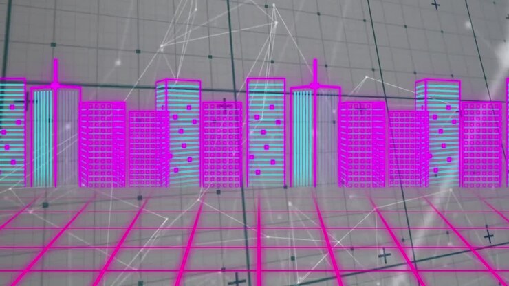 Animation of data processing with cityscape
