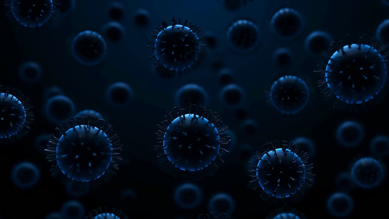 Floating Viral Particles In Dark Fluid, Spiked Spheres Drifting With Depth And Subtle Glow, Scientific