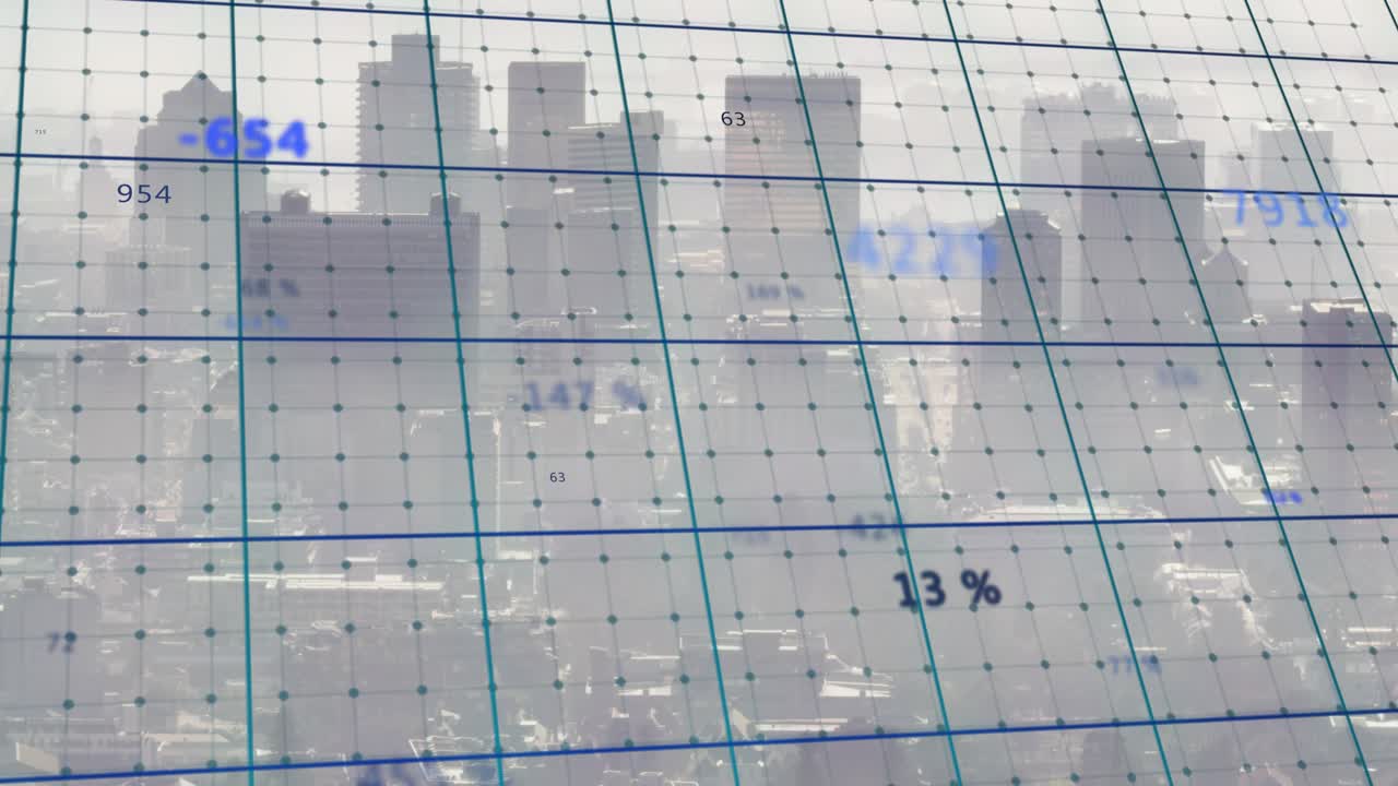 On first frame translucent grid shifting and sliding numbers, visualizing urban analytics