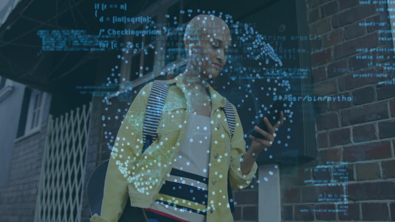 Woman walking street tapping smartphone and activating blue data points grid overlay for analysis