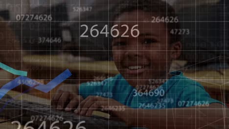 animation of blue graphs and changing numbers over african american boy using computer at school