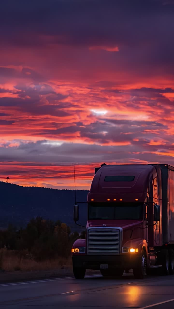 En majestætisk solnedgang over motorvejen med en markant lastbil under levende skyer og slående farver, der fanger essensen af rejse og eventyr