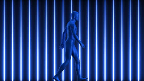 animación de una figura humana azul caminando sobre rayas de neón azul.