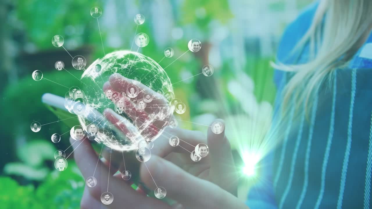 スマートフォンを使う白人女性の手のひらに、繋がりを示す地球儀のアニメーション