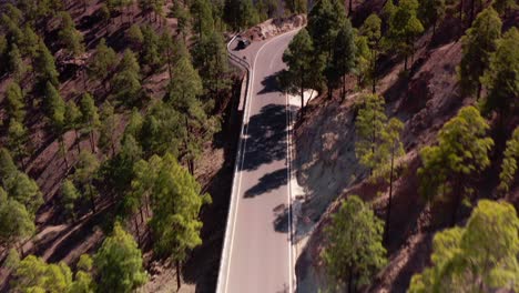 Drones-Aéreos-Volando-Sobre-Las-Montañas-Rocosas-Del-Bosque-Recorriendo-Carreteras-Con-Obras-Viales-En-Altas-Montañas-En-Gran-Canaria-España