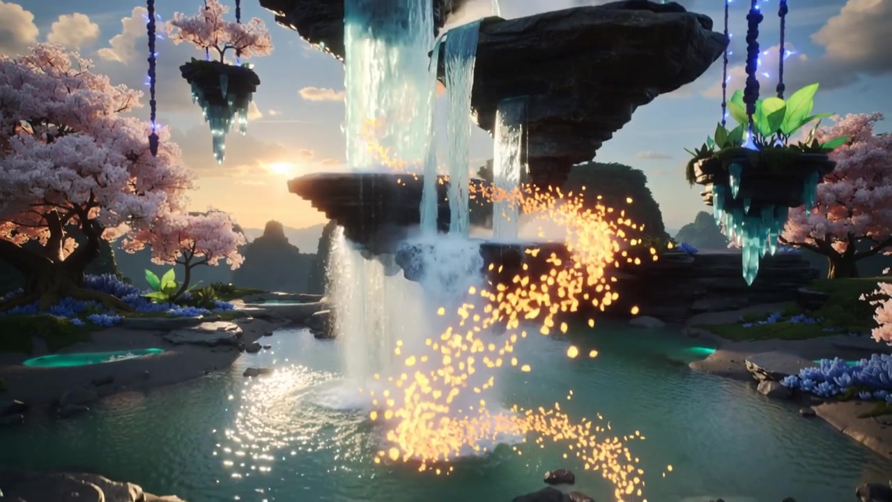 Appearing golden particle stream spiraling down waterfall into pool at sunset creating ripples