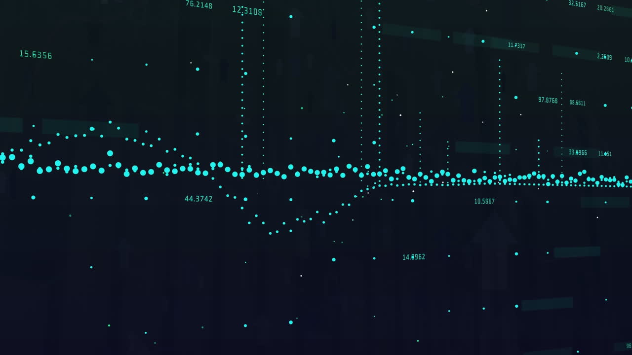 Animation of financial data processing over arrows on black background